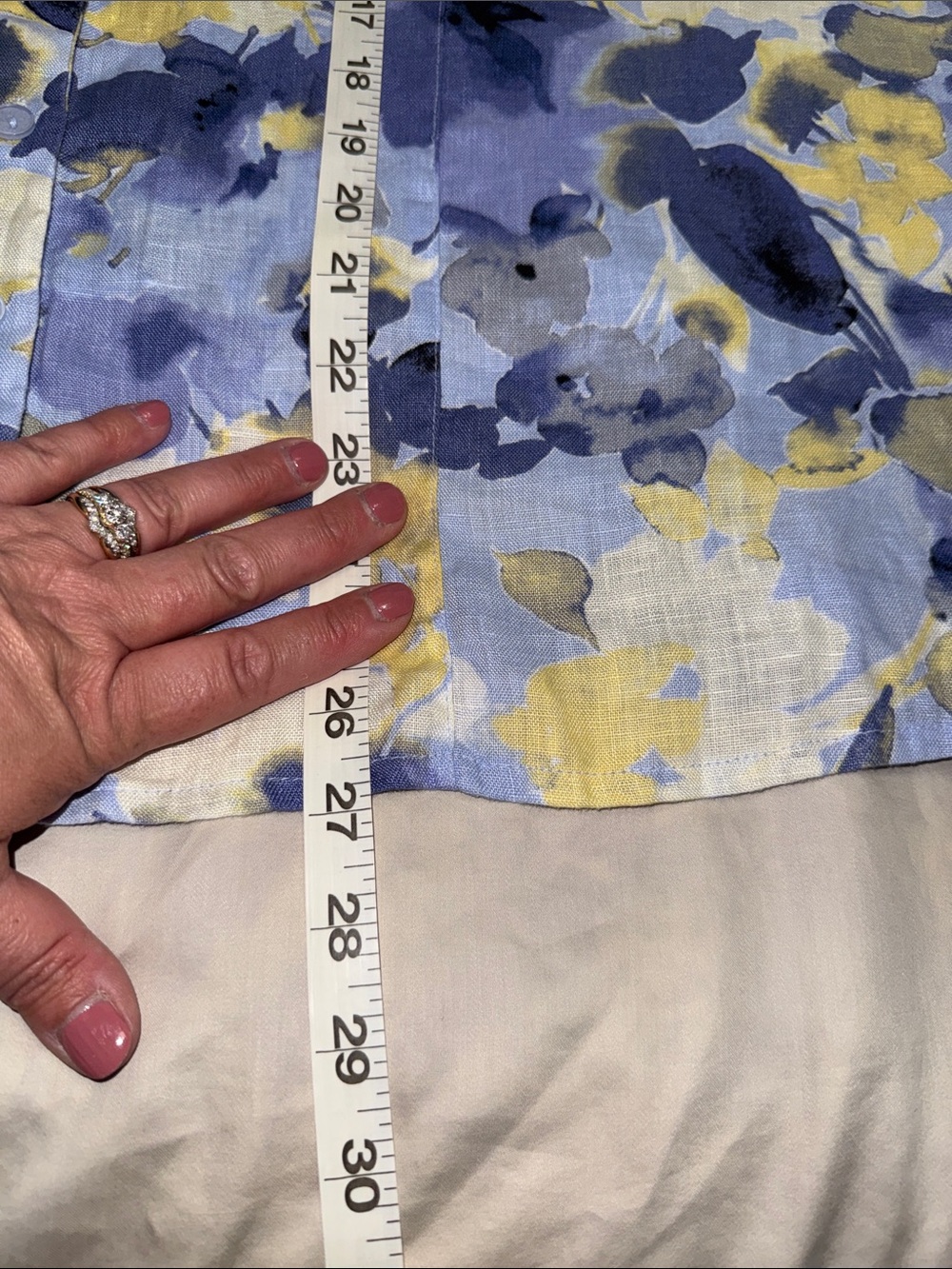 Floral Watercolor Button-Up Shirt in blue & Yellow Linen - Picture 11 of 13